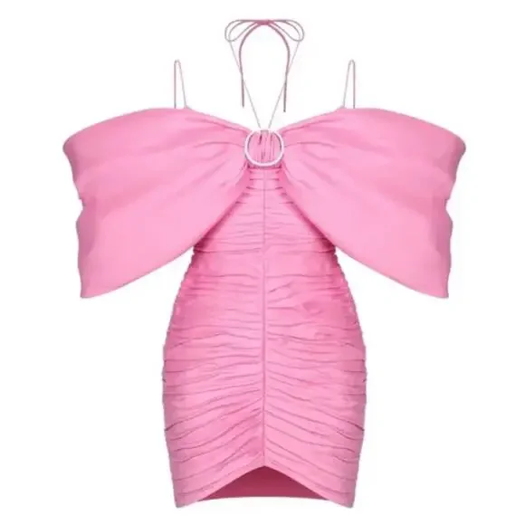 RASARIO Bow Embellished Draped Off the Shoulder Pink Linen Mini Dress Size 2 - Picture 3 of 13